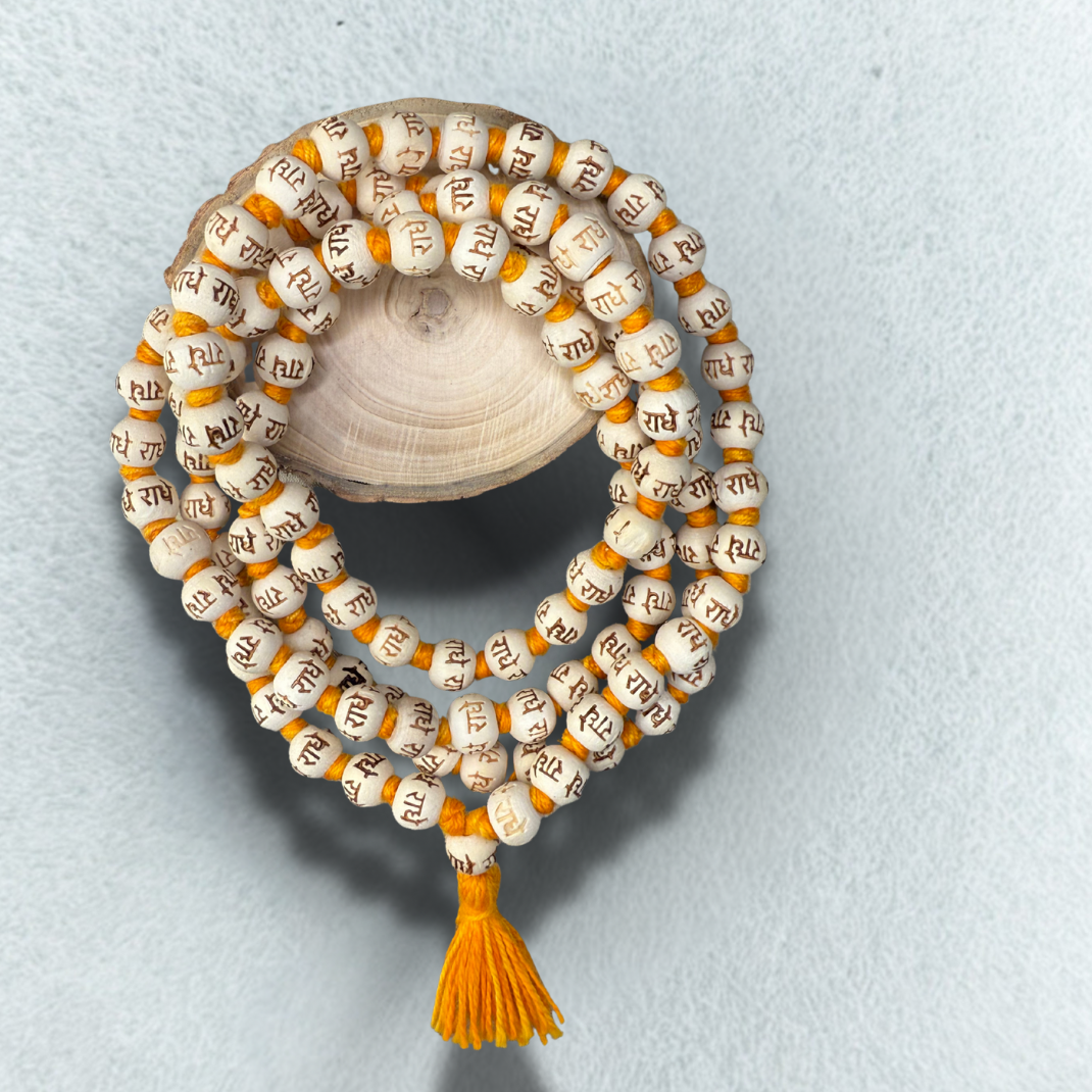 Radha Tulsi Japa Mala – Sacred Beads with Radha Naam Inscription Dharmik