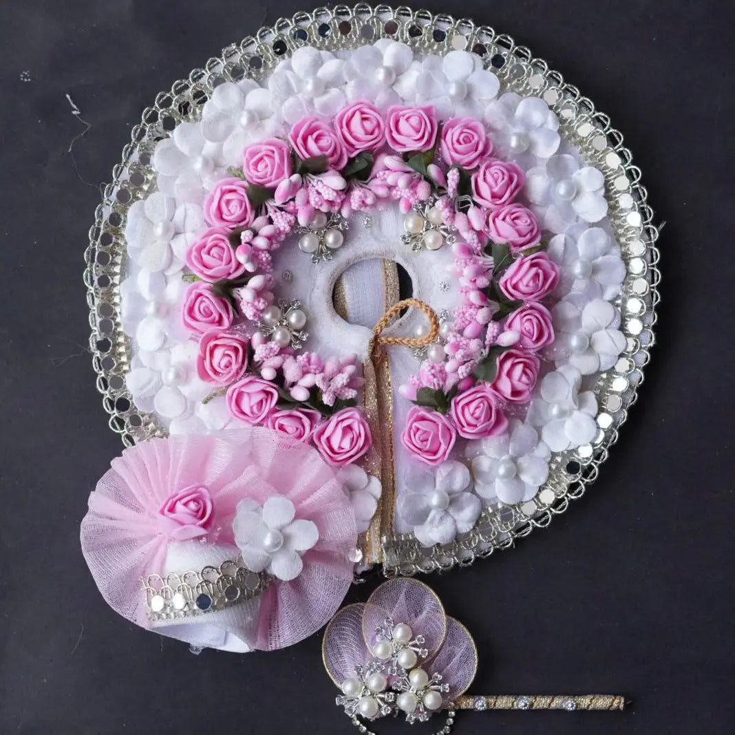 Laddu Gopal Poshak with Murli + Pagdi | White with Pink Flower Sharad Purnima Dress Dharmik