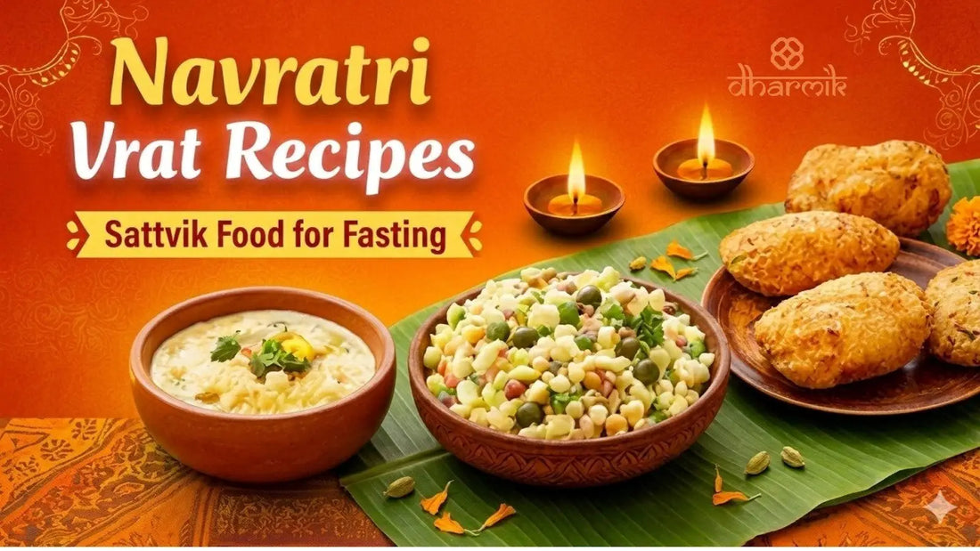 Navratri vrat recipes with sattvik fasting food including sabudana khichdi, sama rice, and kuttu dishes served with diyas, representing healthy fasting meals during Navratri.