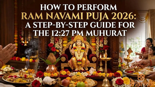 A decorated home altar with an idol of Lord Ram adorned with flowers and garlands, surrounded by diyas, incense, fruits, and prasad, as a family performs Ram Navami puja with aarti during the auspicious 12:27 PM muhurat.