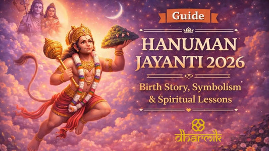 A pastel-toned Hanuman Jayanti 2026 cover showing Lord Hanuman flying with a mountain and mace against a celestial sky, and Shiva on Parvathi on top with centered title text.