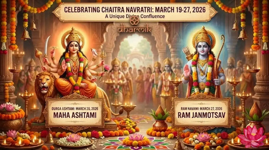 Illustration of Goddess Durga and Lord Rama during Chaitra Navratri 2026, showing Maha Ashtami on March 26 and Ram Navami on March 27 with temple decor, diyas, and festive offerings.