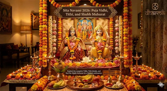 Sita Navami 2026 puja setup with Goddess Sita and Lord Rama idols, diya lamps, marigold flowers and traditional home altar decoration