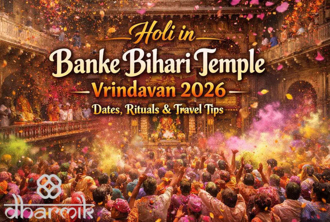 devotees celebrating holi with colors inside banke bihari temple vrindavan during holi festival 2026, showing traditional braj holi celebration