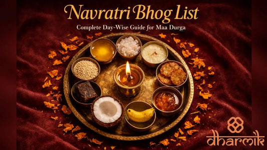 Navratri bhog thali with diya and traditional offerings like ghee, mishri, kheer, malpua, jaggery, coconut, banana, and honey arranged on a festive red cloth background with marigold flowers.