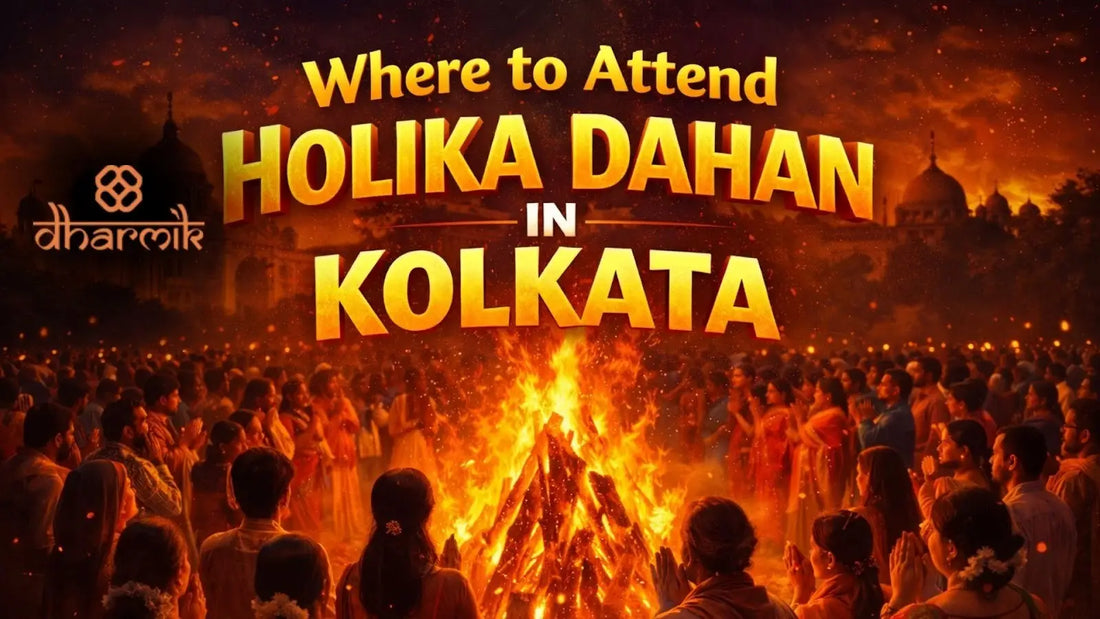 Holika Dahan celebration in Kolkata with large bonfire at night, devotees praying around the fire, warm orange glow, festive crowd in traditional attire, and bold text “Where to Attend Holika Dahan in Kolkata”.