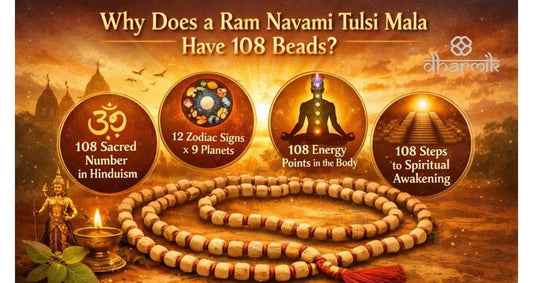 Ram Navami Tulsi mala with 108 beads showing spiritual significance, zodiac connection, energy points, and path to awakening