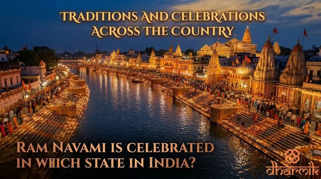 Ram Navami celebration in Ayodhya showing illuminated ghats along the Sarayu River, temples decorated with diyas, and devotees gathering for rituals and prayers across India.