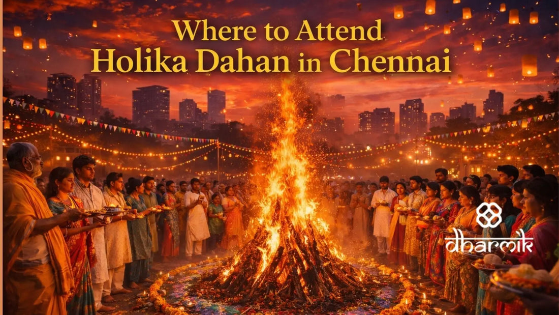 Holika Dahan celebration in Chennai with a large bonfire surrounded by devotees in traditional attire, city skyline in the background, festive lights, lanterns in the sky, and vibrant evening colors creating a spiritual atmosphere.