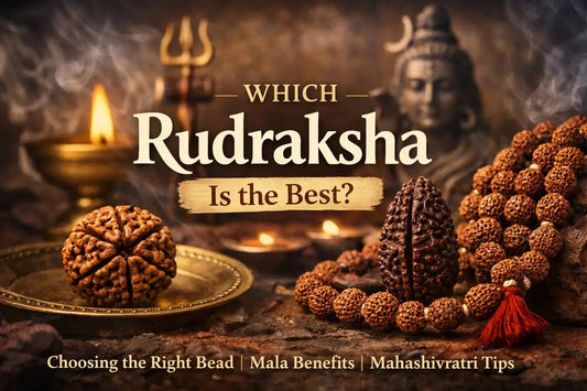 Natural 5 Mukhi Rudraksha beads and Rudraksha mala placed on a wooden surface symbolizing the best Rudraksha to wear for spiritual growth and Mahashivratri.