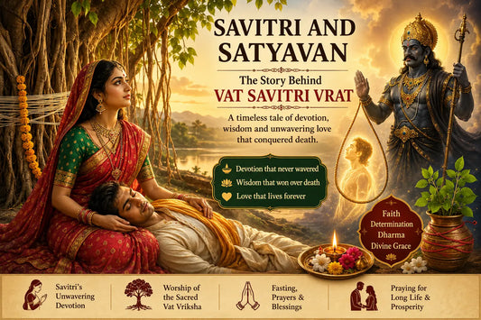 Savitri and Satyavan under sacred banyan tree with Yamraj symbolizing Vat Savitri Vrat devotion, faith, and victory over death in Hindu mythology