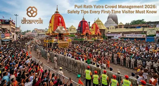 Puri Rath Yatra 2026 crowd management scene with thousands of devotees pulling chariots near Jagannath Temple, guided by police and volunteers in a well-organized spiritual procession