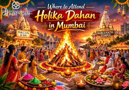 Holika Dahan celebration in Mumbai with sacred bonfire, temple rituals, and devotees performing traditional Holi prayers.