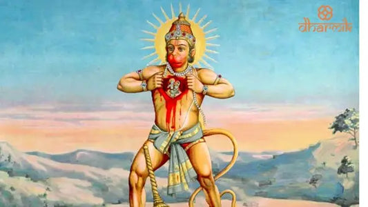Hanuman opening his chest showing Lord Rama and Sita in his heart symbolizing devotion