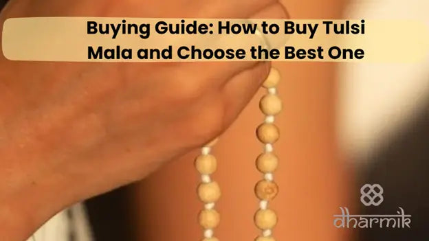 Hand holding a tulsi mala with natural beads, representing a buying guide on how to choose the best tulsi mala for spiritual practice and daily wear.