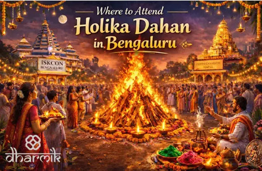 Holika Dahan celebration in Bengaluru with sacred bonfire, devotees performing rituals, and illuminated temple during Holi festival.