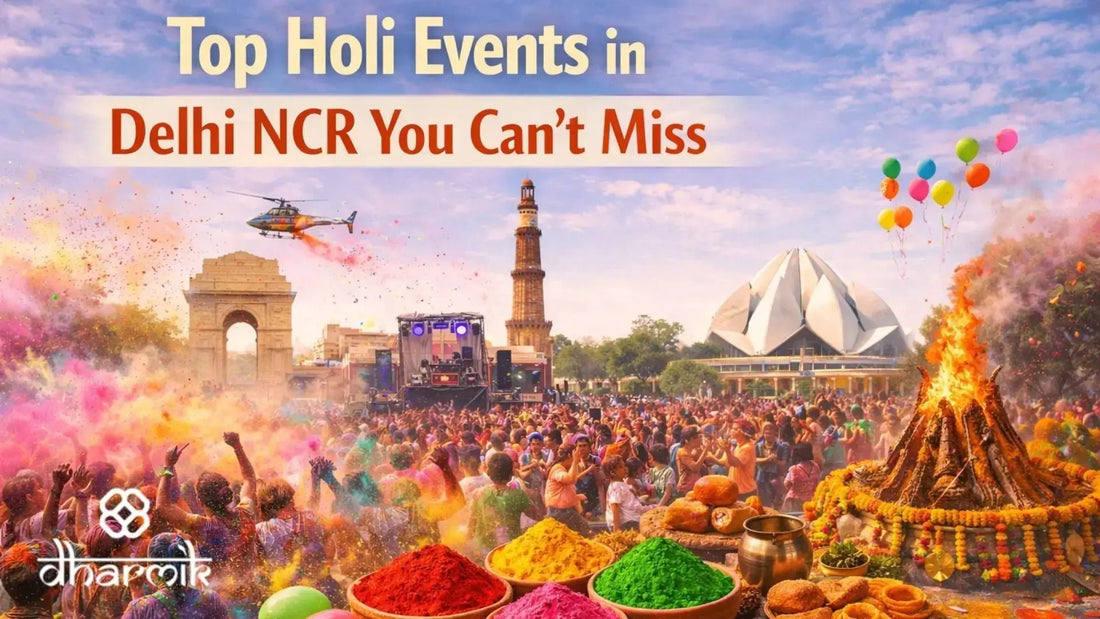 Top Holi events in Delhi NCR featuring a vibrant crowd celebrating with colorful gulal, music stage, Holika Dahan bonfire, and iconic Delhi landmarks like India Gate, Qutub Minar, and the Lotus Temple in the background.