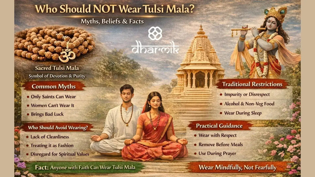Horizontal infographic explaining who should not wear Tulsi Mala, covering myths, beliefs, traditional restrictions, and practical guidance with sacred Tulsi beads, a meditating couple, temple background, and Lord Krishna illustration.