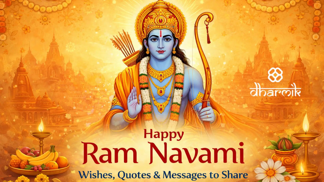 Illustration of Lord Rama holding a bow with temple background, lamps, and flowers, celebrating Ram Navami with the message “Happy Ram Navami – Wishes, Quotes & Messages to Share.”