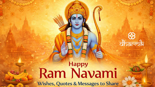 Illustration of Lord Rama holding a bow with temple background, lamps, and flowers, celebrating Ram Navami with the message “Happy Ram Navami – Wishes, Quotes & Messages to Share.”