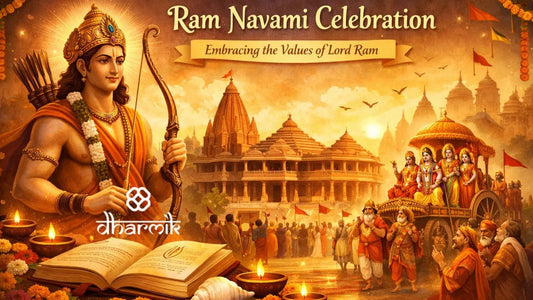 Ram Navami celebration illustration showing Lord Ram with bow and arrow, Ayodhya Ram Mandir temple, devotional procession, diyas, and sacred symbols representing Ram Navami in Ayodhya and across India.