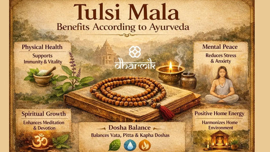 Horizontal infographic showing Tulsi Mala benefits according to Ayurveda, including physical health, mental peace, spiritual growth, dosha balance, and positive home energy.