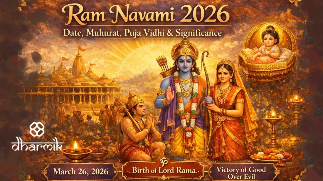 Ram Navami 2026 illustration showing Lord Rama, Sita, Lakshmana and Hanuman with Ayodhya temple and festival details.