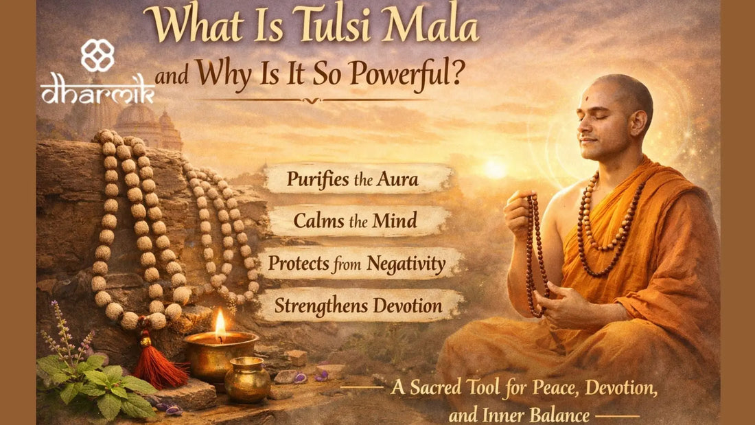 Meditating monk holding tulsi mala beads at sunrise with japa mala and sacred lamp, symbolizing spiritual power, devotion, peace, and mindfulness.