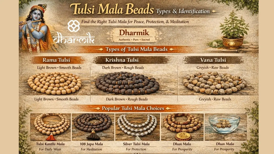 Horizontal infographic showing types of tulsi mala beads including Rama Tulsi, Krishna Tulsi, and Vana Tulsi, along with tips to identify original tulsi malas and popular options for daily wear, meditation, protection, and prosperity.