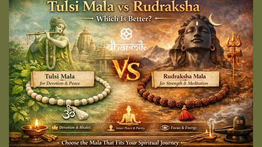 Tulsi Mala vs Rudraksha mala differences illustrated with Lord Krishna and Lord Shiva, highlighting devotion, peace, focus, and meditation.