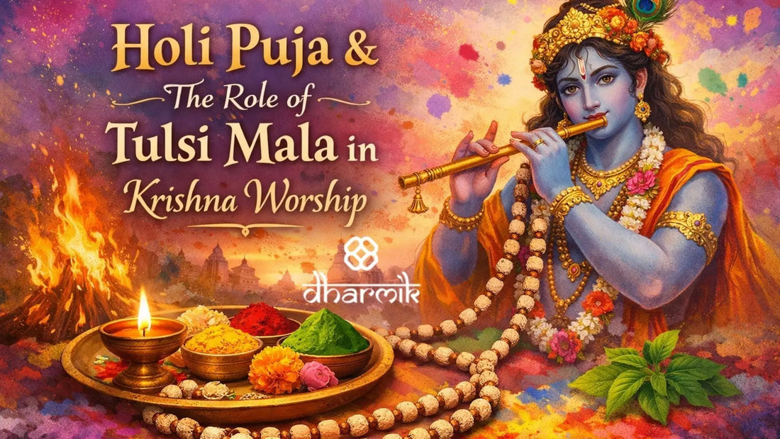 Illustration of Lord Krishna playing the flute during Holi puja, wearing a tulsi mala, with traditional puja items, Holika Dahan fire, and colorful Holi powders symbolizing Krishna Holi worship and tulsi mala significance.