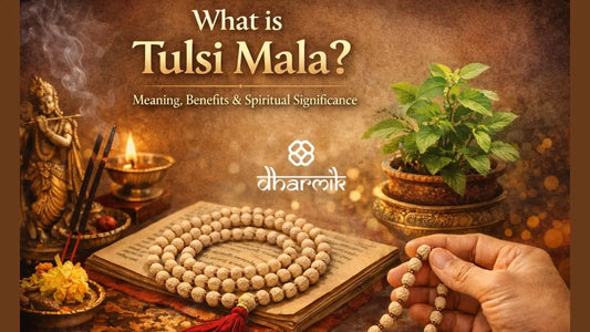 Tulsi mala placed on sacred scripture with tulsi plant, lamp, and incense symbolizing spiritual devotion and mindful living