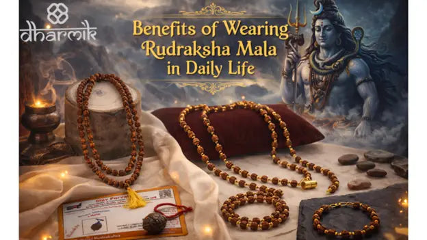 Benefits of wearing Rudraksha mala in daily life with authentic Panch Mukhi Rudraksha mala and bracelet displayed alongside Lord Shiva, symbolizing spiritual balance, meditation, and mindfulness.