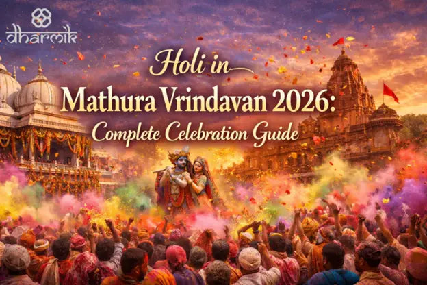 Holi in Mathura vrindavan 2026 celebration guide banner showing devotees playing colors with radha krishna and temple background during braj holi festival