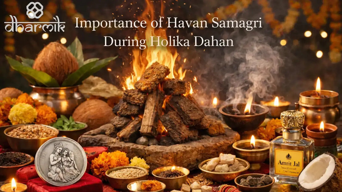 Holika Dahan havan setup with sacred fire, traditional havan samagri, diyas, and ritual offerings for Holi.