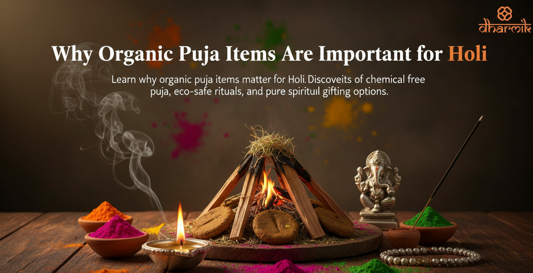 Organic Holi puja setup with Holika Dahan fire, natural gulal colors, diya, incense sticks, Ganesh idol, and eco-friendly ritual items symbolizing spiritual purity and traditional Holi celebration.