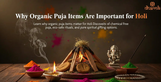 Organic Holi puja setup with Holika Dahan fire, natural gulal colors, diya, incense sticks, Ganesh idol, and eco-friendly ritual items symbolizing spiritual purity and traditional Holi celebration.