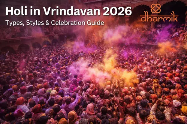 Massive crowd celebrating Holi in Vrindavan 2026 with colorful gulal clouds filling the air during temple festivities