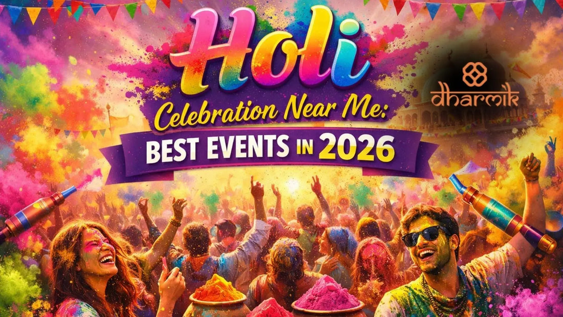 Colorful Holi celebration near me 2026 featuring a joyful crowd playing with gulal, DJ party atmosphere, vibrant splashes of colors, and festive decorations with “Holi Celebration Near Me: Best Events in 2026” text banner.
