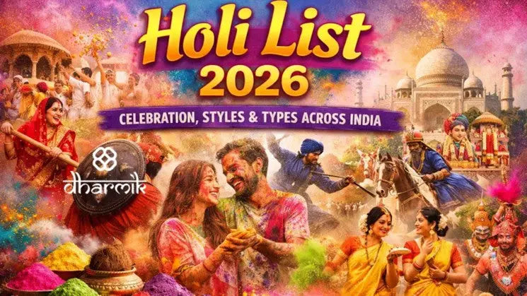 Colorful Holi celebrations across India in 2026 showing Lathmar Holi, Phoolon Ki Holi, Rangwali Holi, Hola Mohalla, Basant Utsav, and Shigmo, representing different holi styles and types of Holi in India.