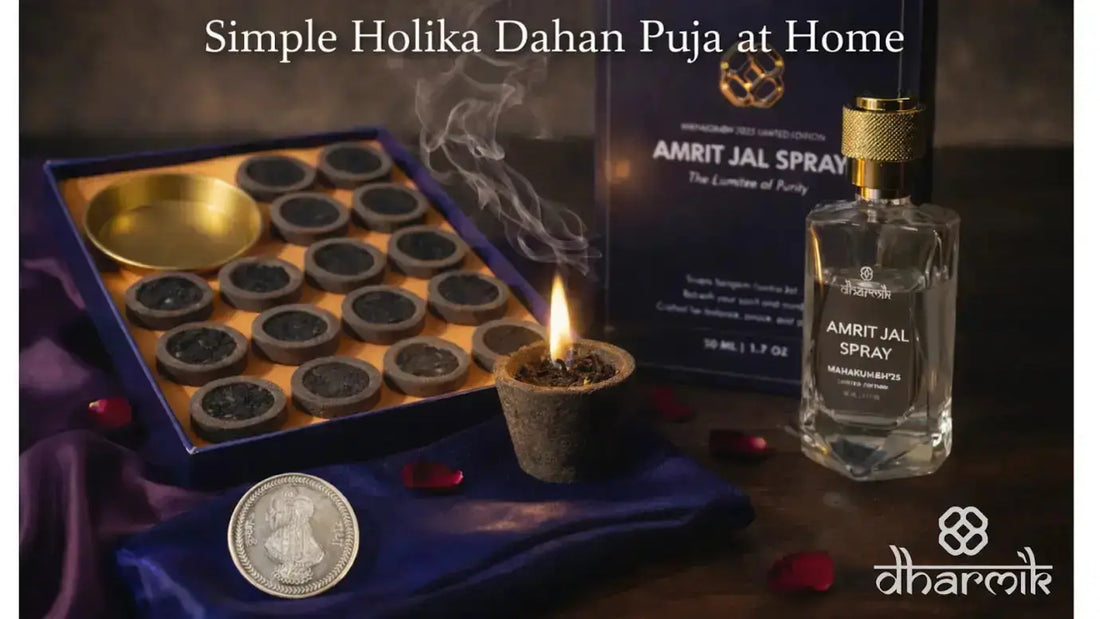 Holika Dahan puja essentials displayed at home with havan cups, a lit diya, incense smoke, a silver devotional coin, and Amrit Jal spray by Dharmik.