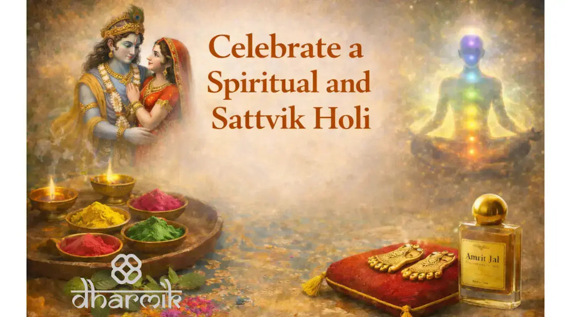 Spiritual Holi illustration with Radha Krishna, natural colors, meditation aura, and sacred devotional elements.