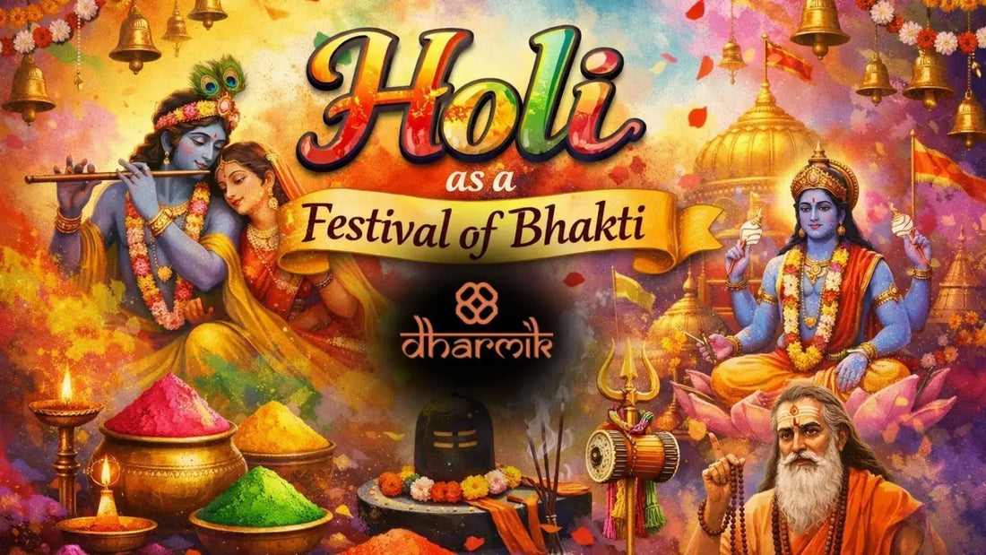 Colorful depiction of Holi as a festival of Bhakti featuring Radha Krishna playing Holi, Lord Shiva, a saint holding a Rudraksha mala, temple bells, gulal colors, and devotional elements symbolizing spiritual love and devotion.