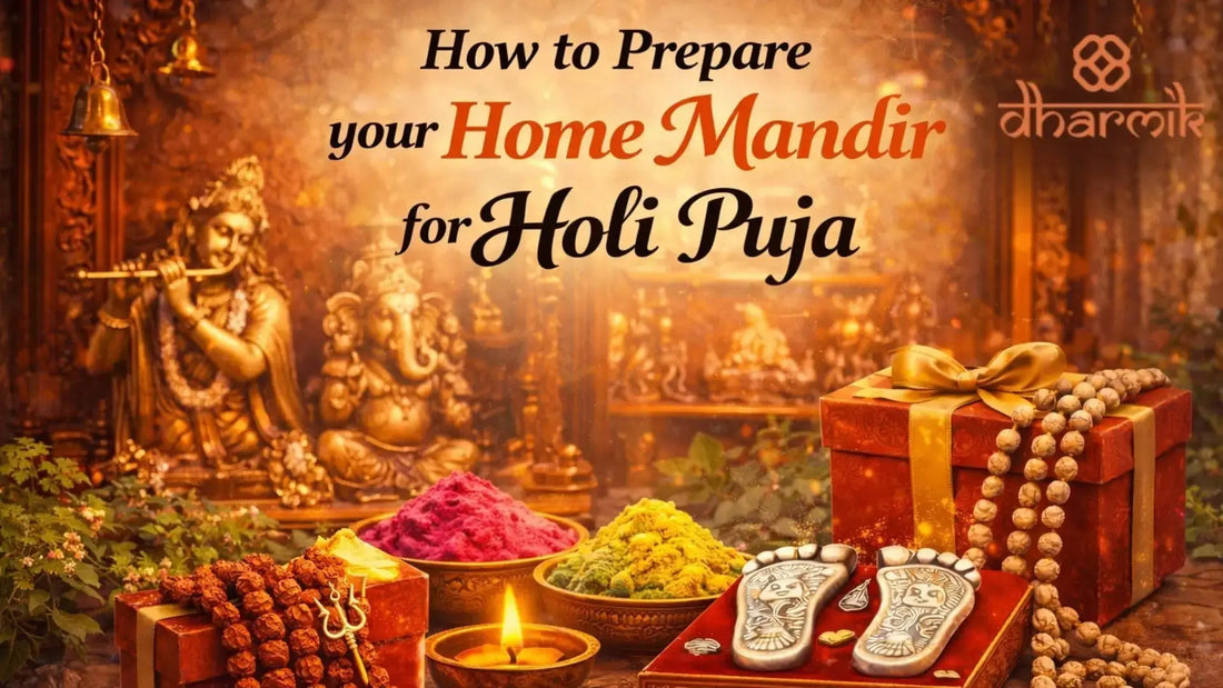 Home mandir prepared for Holi Puja featuring Radha Krishna and Ganesha idols, colorful gulal bowls, diya, rudraksha mala, Krishna charan paduka, and spiritual gifts arranged in a festive devotional setup.