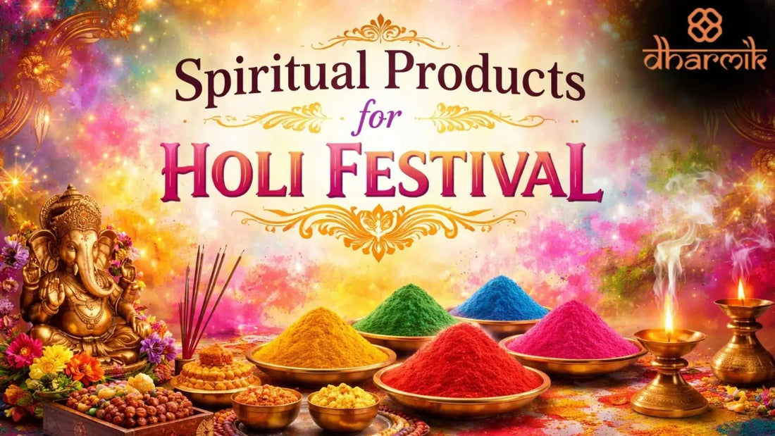 Spiritual products for Holi festival banner featuring Lord Ganesha idol, colorful gulal powders, incense sticks, diya lamps, and festive spiritual elements symbolizing devotion, purity, and mindful Holi celebrations.
