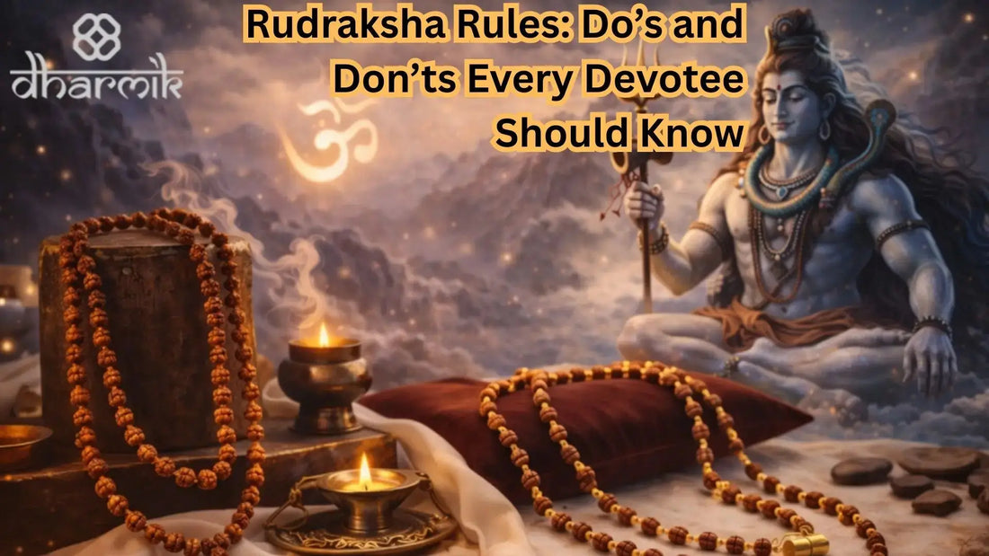“Rudraksha rules illustration featuring Rudraksha mala, diya, and Shivling with Lord Shiva meditating in the background, highlighting ‘Rudraksha Rules: Do’s and Don’ts Every Devotee Should Know’, with the Dharmik logo.”