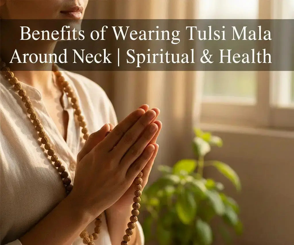 A person wearing a tulsi mala around the neck with hands folded in prayer, symbolizing spiritual devotion, peace, and holistic well-being in a calm indoor setting.