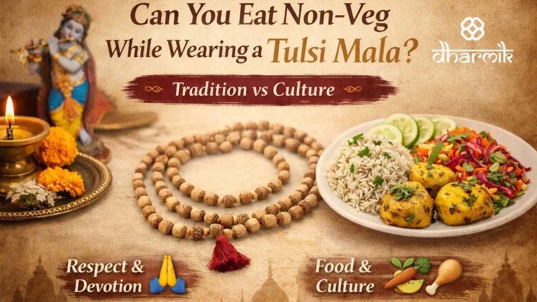 Tulsi Mala placed between devotional setup and food plate showing balance of tradition, culture, and modern lifestyle