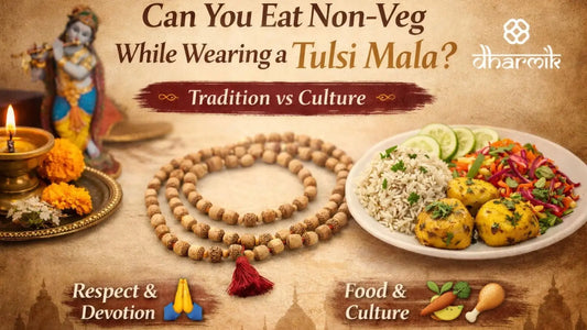Tulsi Mala placed between devotional setup and food plate showing balance of tradition, culture, and modern lifestyle