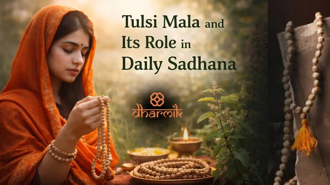 Woman performing daily sadhana while chanting with a Tulsi mala, seated near a lit diya and Tulsi plant, symbolizing devotion, mindfulness, and spiritual practice with Dharmik.